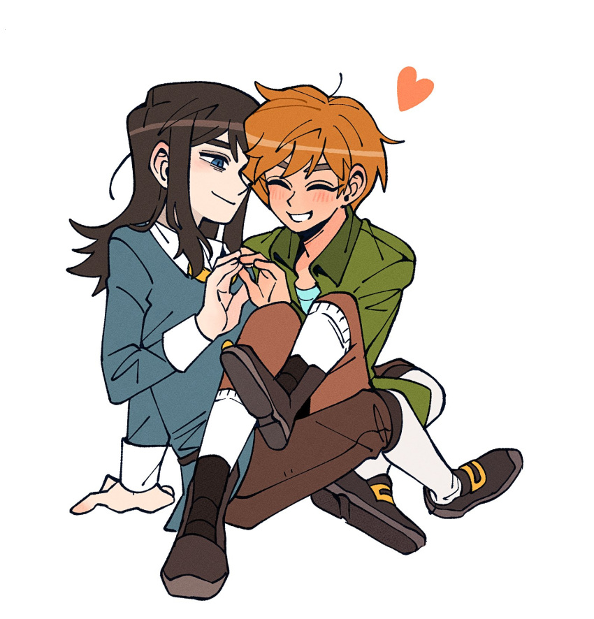 1boy, 1girl, abaddon_(haunted_hotel), blue_coat, blue_eyes, blush, brown_hair, coat