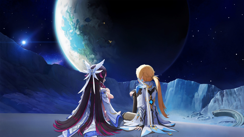 1boy, 1girl, absurdres, aether_(as_heaven_and_earth_are_made_anew)_(genshin_impact), aether_(genshin_impact), black_gloves, black_hair, blonde_hair, coat, columbina_(genshin_impact), commentary_request, dress, earrings, feathered_wings, from_behind, genshin_impact, gloves, grey_pants, head_wings, highres, jewelry, lens_flare, long_hair, long_sleeves, looking_at_another, lunar_surface, moonui, multicolored_hair, on_moon, pants, partially_fingerless_gloves, planet, ponytail, purple_hair, sitting, sky, space, star_(sky), starry_sky, teyvat, two-tone_hair, white_coat, white_dress, white_wings, wings