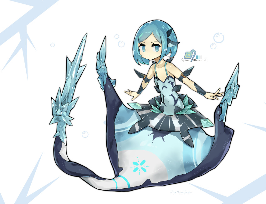 1girl, absurdres, arm_fins, bare_shoulders, blue_eyes, blush, character_name, closed_mouth