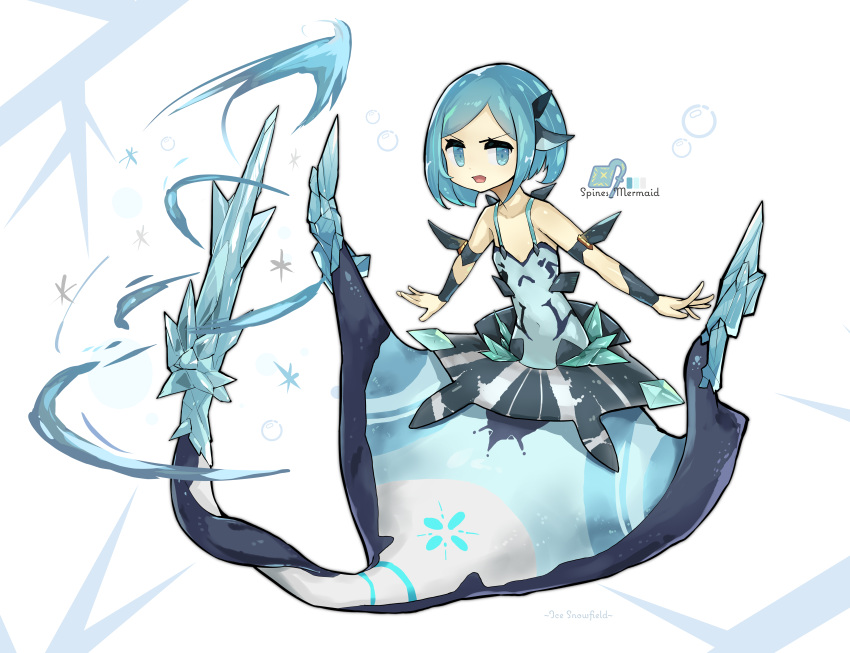 1girl, :o, absurdres, arm_fins, bare_shoulders, blue_eyes, blush, character_name
