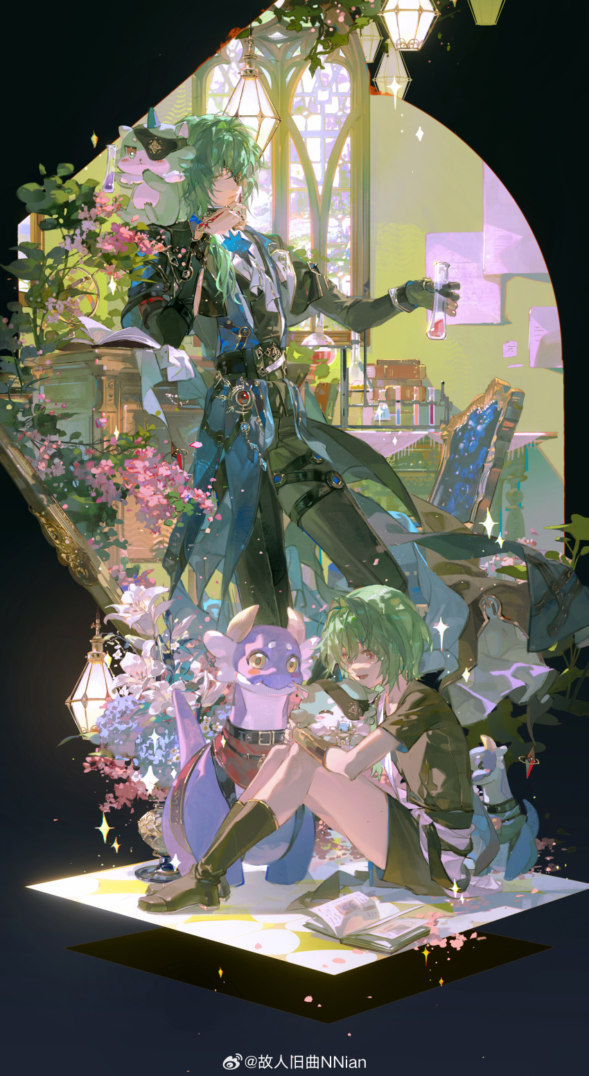 absurdres, alchemy, anaxa_(honkai:_star_rail), aqua_hair, chinese_commentary, chrysos_heirs_(honkai:_star_rail), commentary_request, dromas_(honkai:_star_rail), eyepatch, gem, genren_jiu_qu, greco-roman_clothes, hand_tattoo, highres, honkai:_star_rail, honkai_(series), laboratory, one_eye_covered, potion, red_gem, tattoo, test_tube, vial