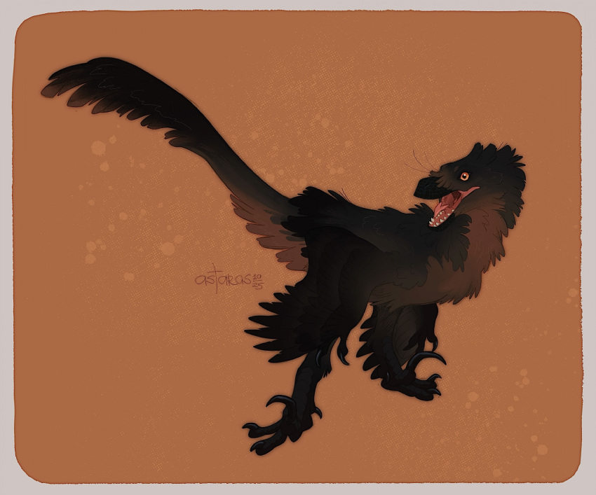 animal, animal_focus, artist_name, astarcis, black_feathers, claws, dinosaur, feathered_arms