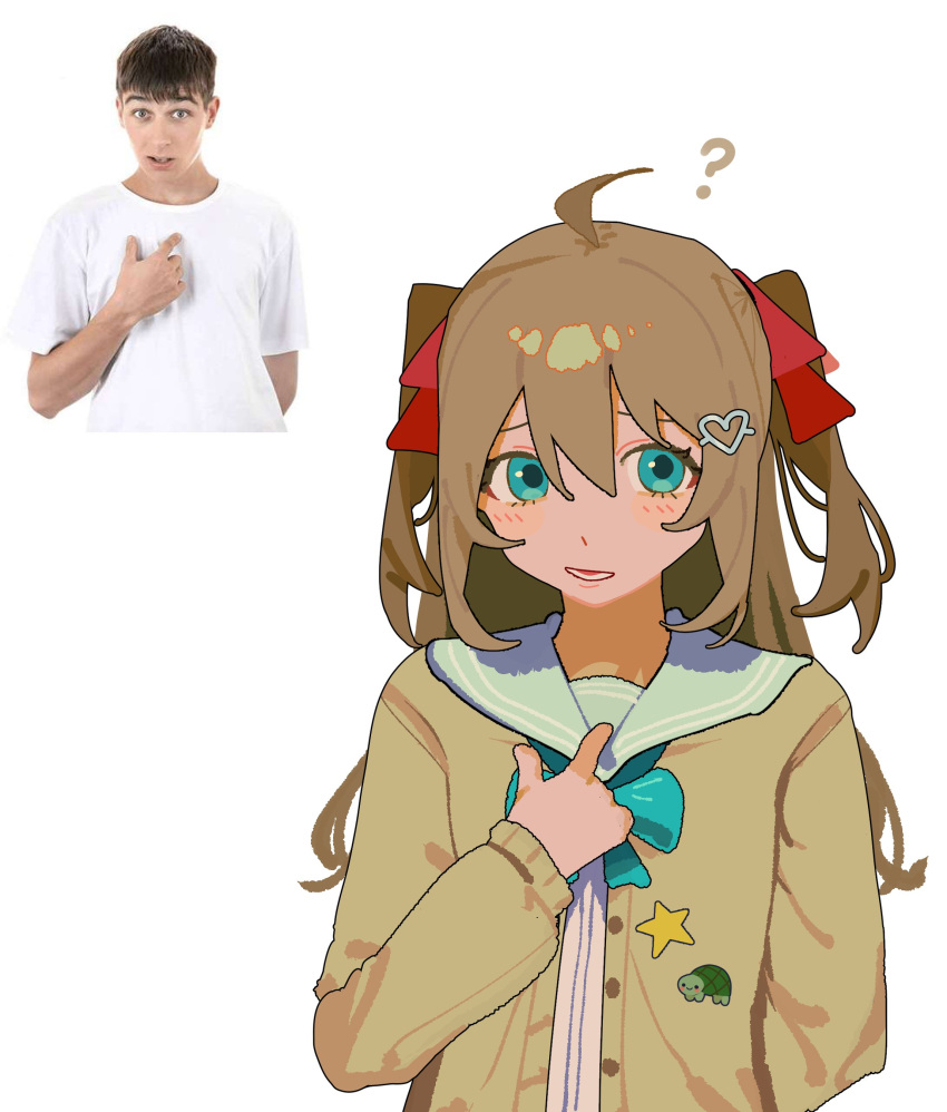 1boy, 1girl, :d, ?, absurdres, ahoge, aqua_bow, aqua_bowtie
