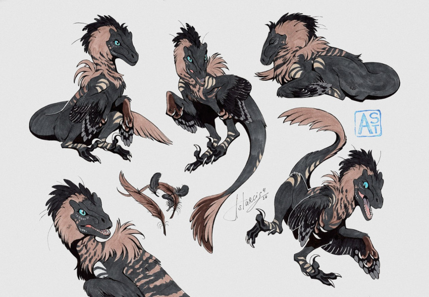 animal_focus, artist_name, astarcis, claws, closed_mouth, dinosaur, dynamic_pose, fangs