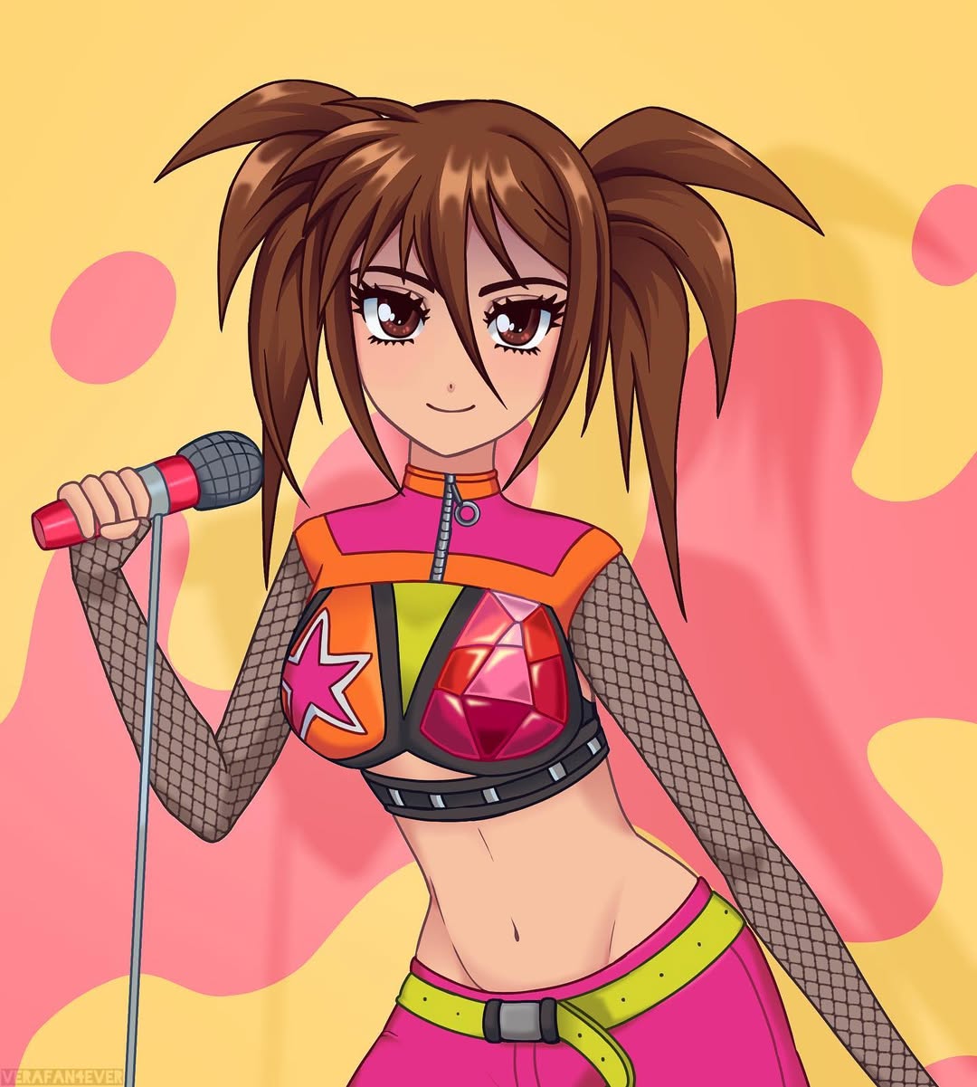 belt, brown_eyes, brown_hair, caramella_girls, crop_top, fishnet_sleeves, fishnets, highres