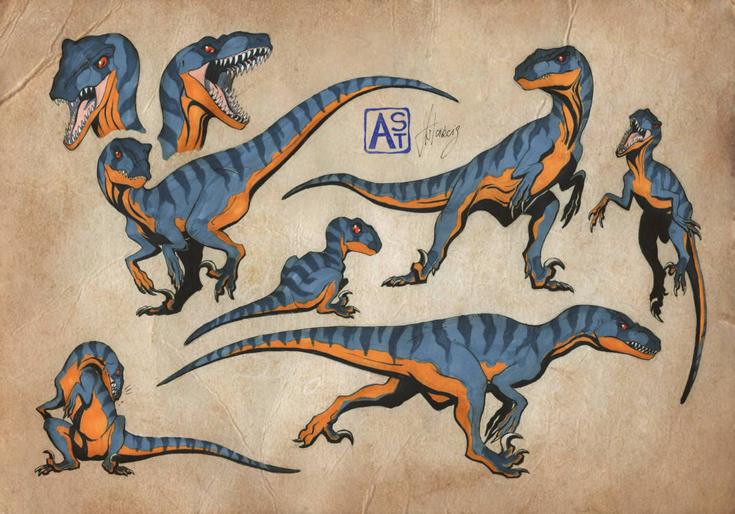 animal_focus, artist_name, astarcis, claws, closed_mouth, dinosaur, dynamic_pose, fangs