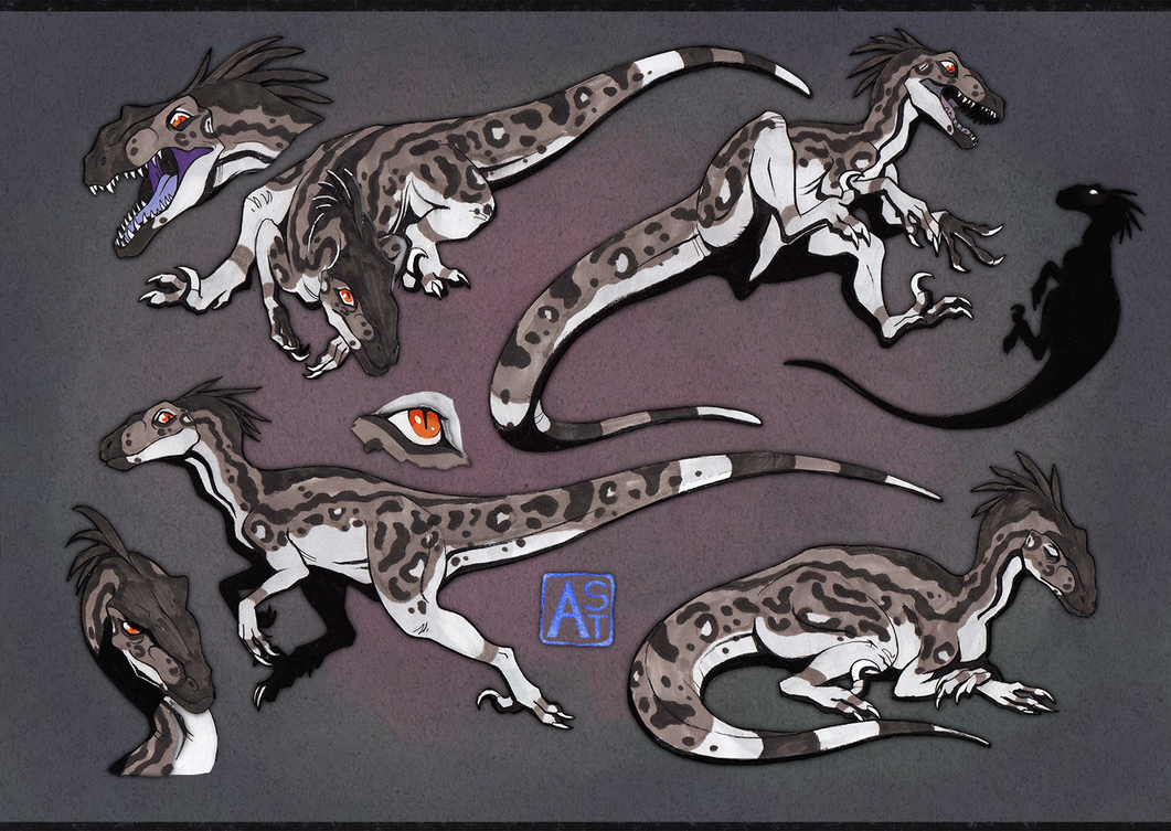 animal_focus, artist_name, astarcis, claws, closed_mouth, dinosaur, dynamic_pose, fangs