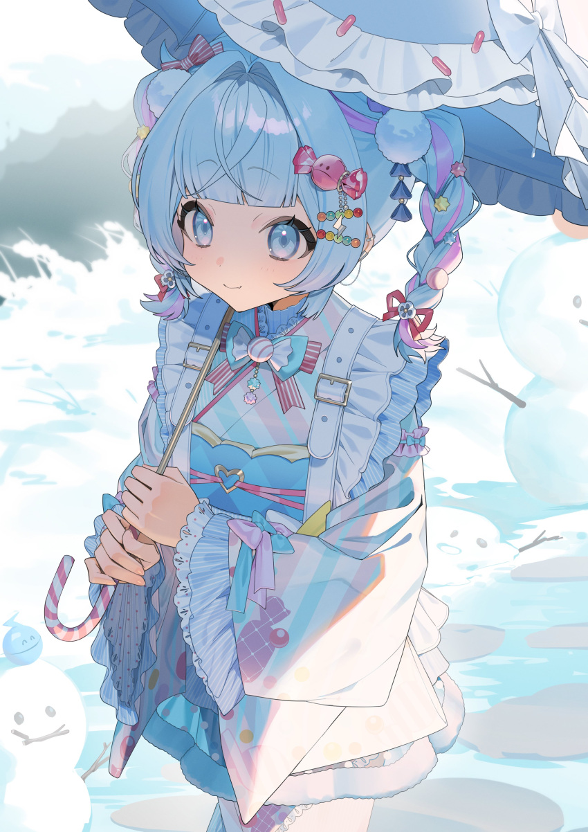 1girl, absurdres, blue_eyes, blue_hair, bow, braid, candy_hair_ornament, commentary