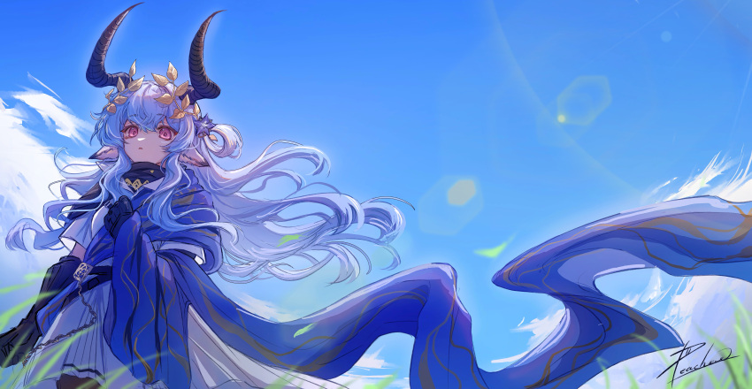 1girl, absurdres, animal_ears, arknights, blue_hair, blue_shawl, blue_sky, chinese_commentary, closed_mouth, clouds, commentary_request, cynisca_(arknights), day, dress, floating_hair, highres, horns, laurel_crown, leaf, lens_flare, long_hair, looking_at_viewer, outdoors, peachew, shawl, signature, sky, solo, very_long_hair, violet_eyes, wavy_hair, white_dress