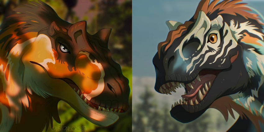 allosaurus, animal_focus, artist_name, astarcis, black_feathers, blurry, blurry_background, commentary, dinosaur, english_commentary, fangs, feathered_dinosaur, feathers, highres, no_humans, open_mouth, portrait, red_feathers, sharp_teeth, teeth, tongue, watermark, white_eyes, white_feathers, yellow_eyes, yutyrannus