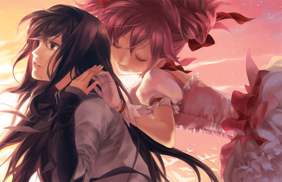 akemi_homura, bird, black_eyes, black_hair, closed_eyes, eyes_closed, gloves, hairband