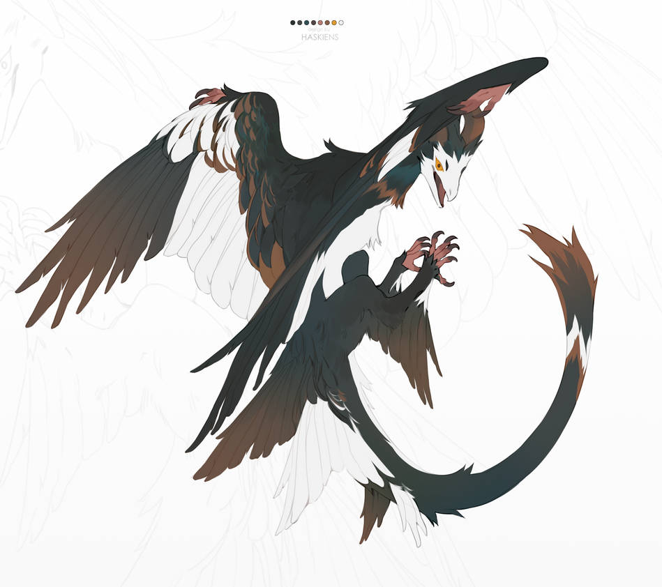 animal_focus, artist_name, beak, claws, dinosaur, dragon, dynamic_pose, feathered_dinosaur, feathered_dragon, feathered_wings, feathers, full_body, haskiens, monster, multicolored_feathers, multiple_wings, no_humans, open_mouth, original, raptor, reference_sheet, simple_background, solo, tail, velociraptor, wings