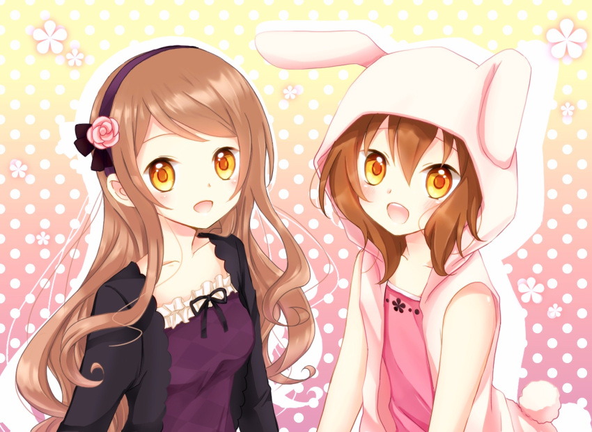 1girl, 2girls, :d, akane_(goma), akira_(goma), animal_costume, animal_ears, brother_and_sister