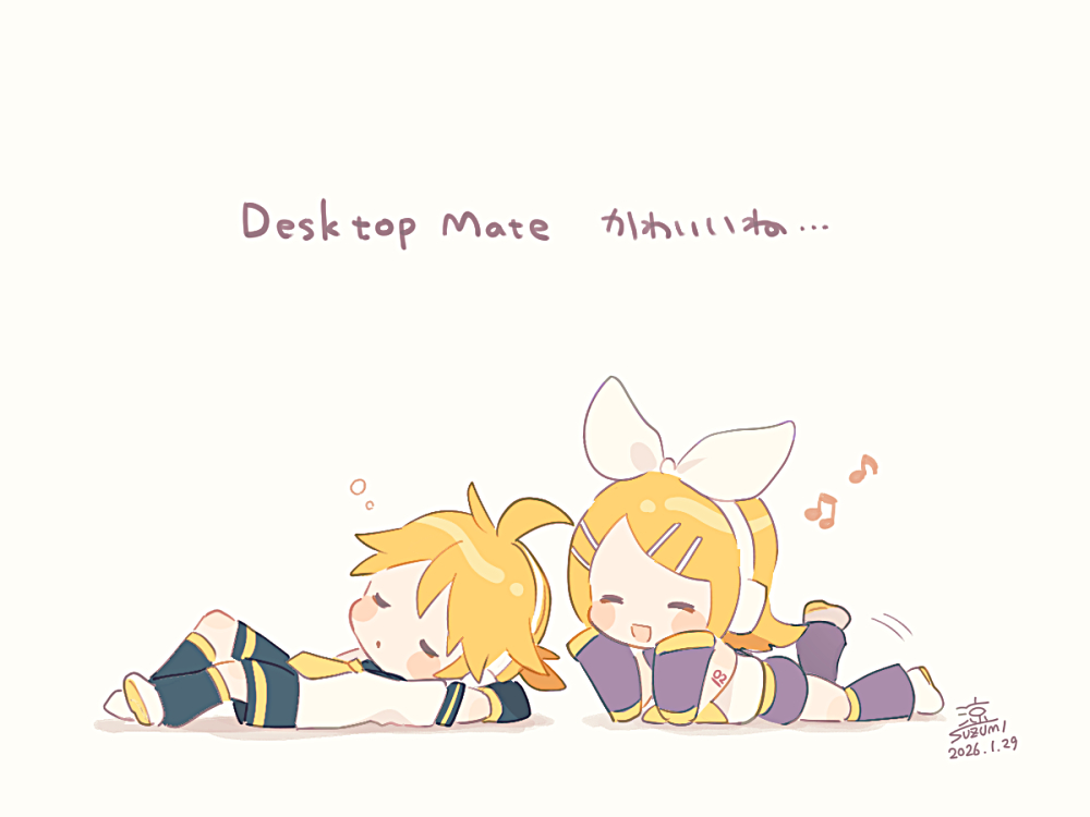 1boy, 1girl, :d, arm_warmers, black_arm_warmers, black_leg_warmers, black_shorts, blonde_hair, blush_stickers, brother_and_sister, chibi, chibi_only, closed_eyes, commentary_request, dated, desktop_mate, double-parted_bangs, full_body, hair_ornament, hair_ribbon, hairclip, headphones, kagamine_len, kagamine_rin, leg_up, leg_warmers, lying, musical_note, on_back, on_stomach, open_mouth, parallel_hairclips, parted_bangs, ribbon, shirt, shoes, short_hair, short_sleeves, shorts, siblings, signature, simple_background, smile, squeans, suzumi_(fallxalice), translation_request, twins, vocaloid, white_background, white_ribbon, white_shirt, white_shoes
