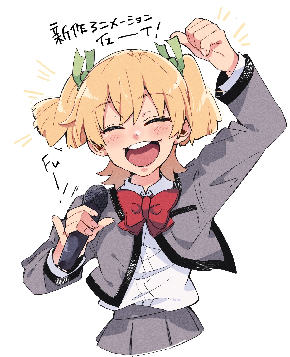 1girl, :d, ^_^, arm_up, bbr_brbr, blonde_hair, blush, bow