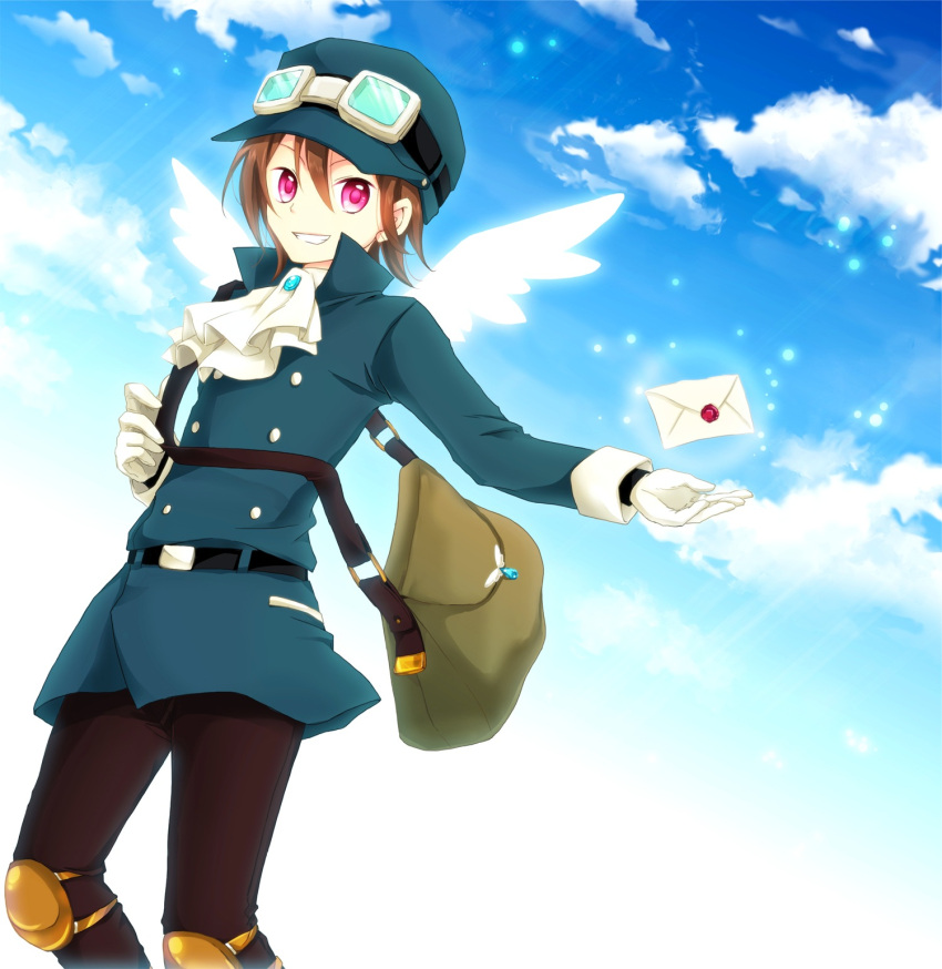 bad_id, bag, brown_eyes, cloud, cravat, gem, gloves, goggles, goma_(11zihisin), grin, highres, letter, mailman, male, original, pink_eyes, short_hair, sky, smile, solo, wings