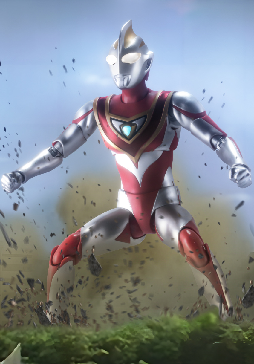 1boy, absurdres, alien, armor, blue_sky, breastplate, clenched_hands, color_timer