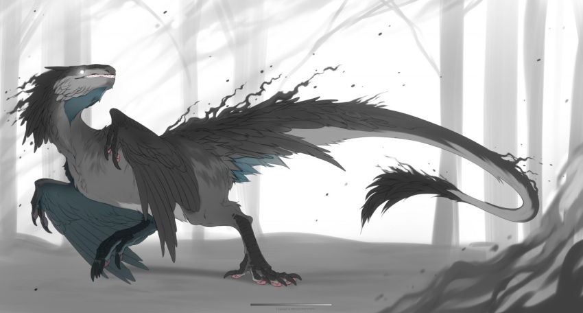 animal_focus, dinosaur, dynamic_pose, fangs, feathered_arms, feathered_dinosaur, feathers, fog