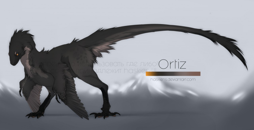 animal_focus, artist_name, black_feathers, claws, closed_mouth, commentary, dinosaur, english_commentary