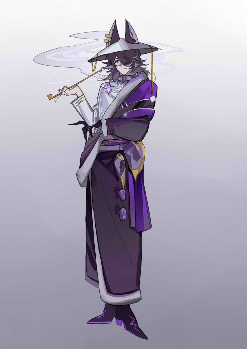 1boy, animal_ear_piercing, animal_ears, black_boots, black_hair, black_hands, black_robe, boots