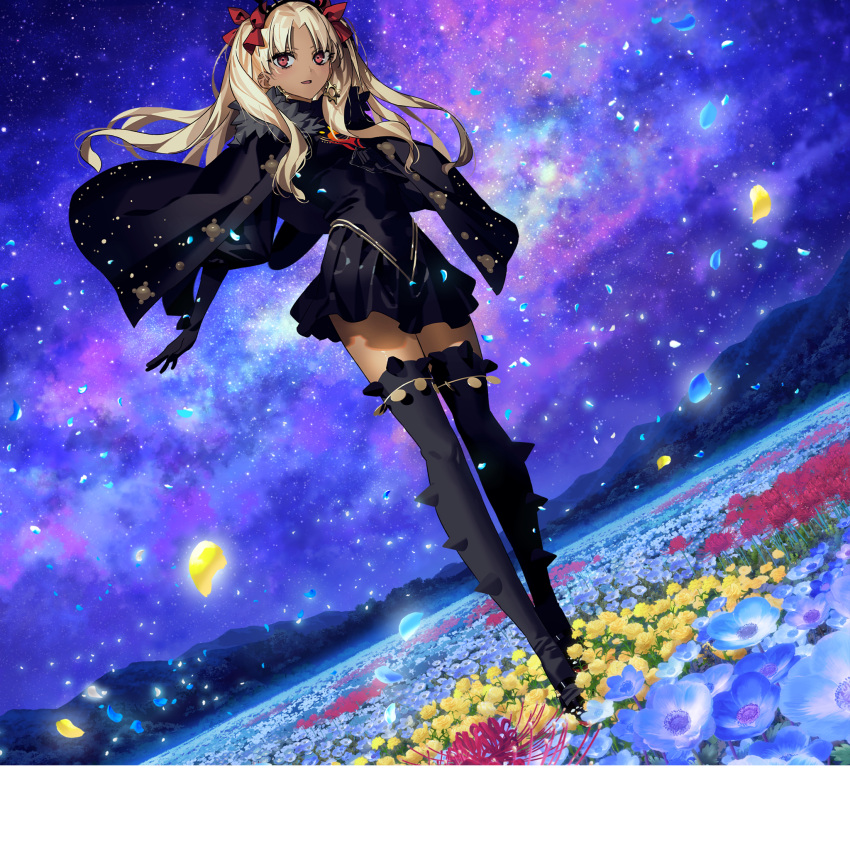 1girl, black_dress, black_gloves, black_thighhighs, blonde_hair, cape, dark-skinned_female, dark_skin