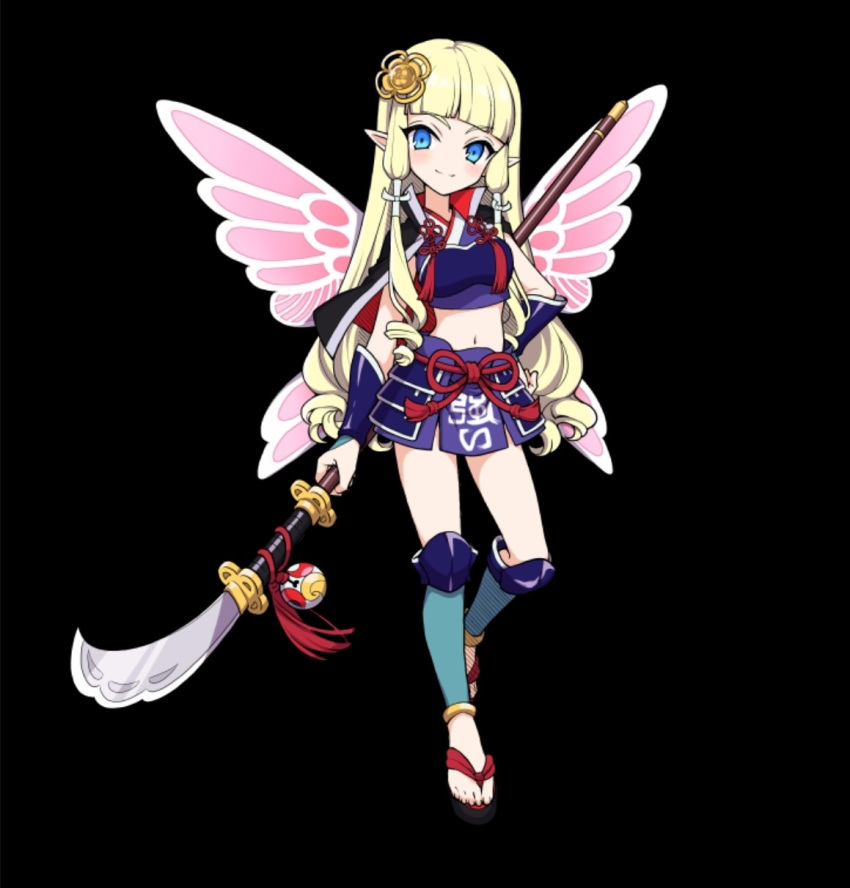 1girl, arm_guards, black_background, blonde_hair, blue_eyes, blunt_bangs, blush, breasts