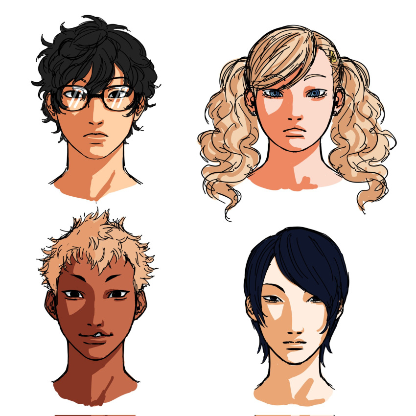 1girl, 3boys, alternate_skin_color, amamiya_ren, black-framed_eyewear, black_hair, blonde_hair, blue_eyes