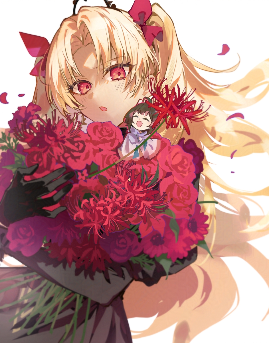 1girl, 2girls, black_dress, black_gloves, blonde_hair, character_request, commentary_request, dark-skinned_female