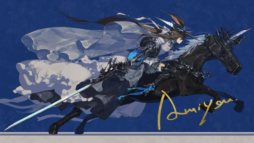 1girl, absurdres, amiya_(arknights), amiya_(guard)_(arknights), amiya_(guard)_(in_a_myriad_of_universes)_(arknights), animal_ears, arknights, armored_boots, black_boots, black_gloves, black_hat, black_horse, blue_background, blue_bow, blue_eyes, boots, bow, brown_hair, character_name, chinese_commentary, commentary_request, dress, from_side, gloves, hat, highres, holding, holding_sword, holding_weapon, horse, horseback_riding, long_hair, looking_ahead, ponytail, profile, rabbit_ears, rabbit_girl, riding, robot_horse, sitting, solo, sword, veil, weapon, white_dress, yolk_(user_sssk5878)