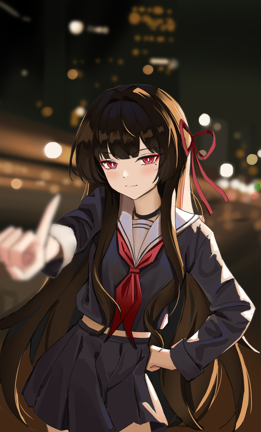1girl, absurdres, black_choker, black_hair, black_serafuku, black_shirt, black_skirt, blurry