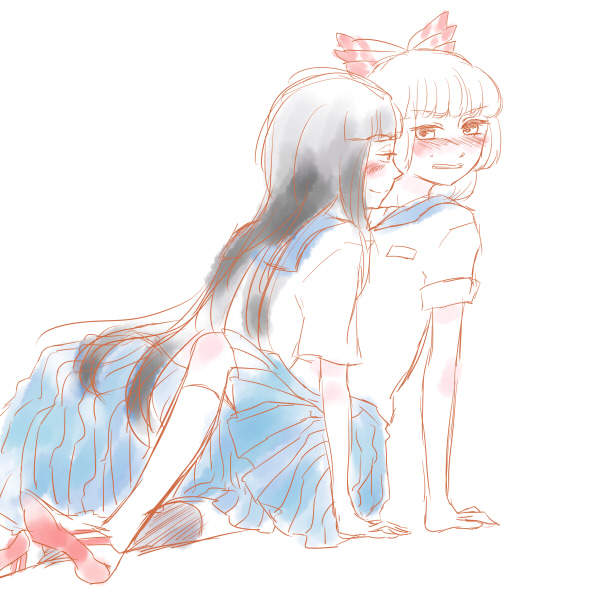 contemporary, fujiwara_no_mokou, houraisan_kaguya, profile, rin-5-nir, school_uniform, serafuku, sitting
