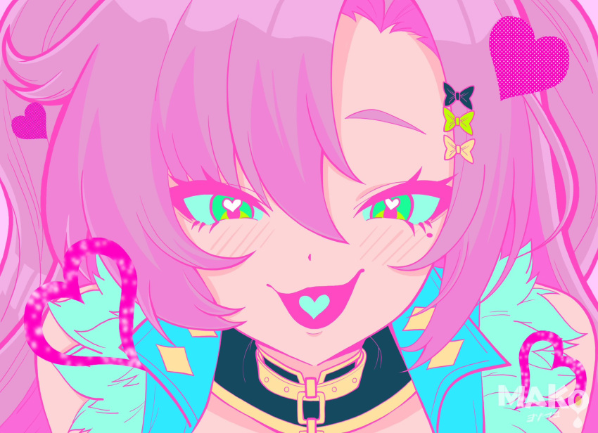 1girl, black_bow, blush, bow, collar, commentary_request, english_commentary, gold_collar