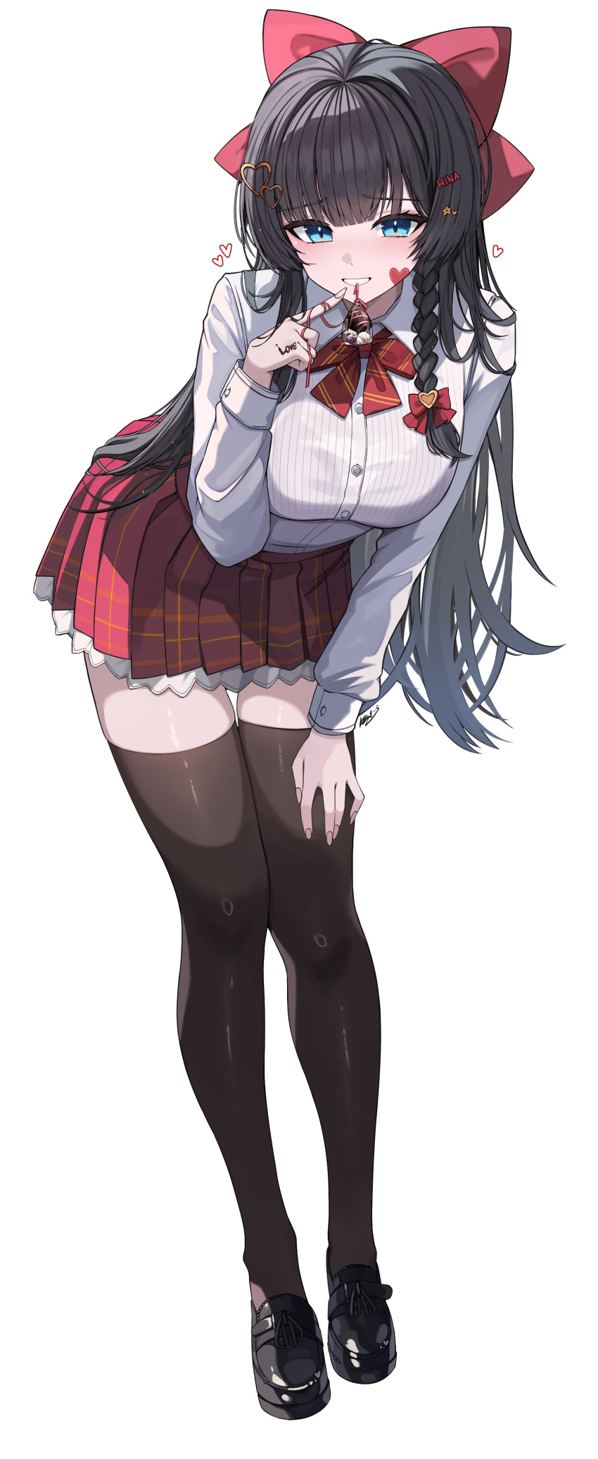 1girl, absurdres, black_hair, black_shoes, black_thighhighs, blue_eyes, blunt_bangs, bow