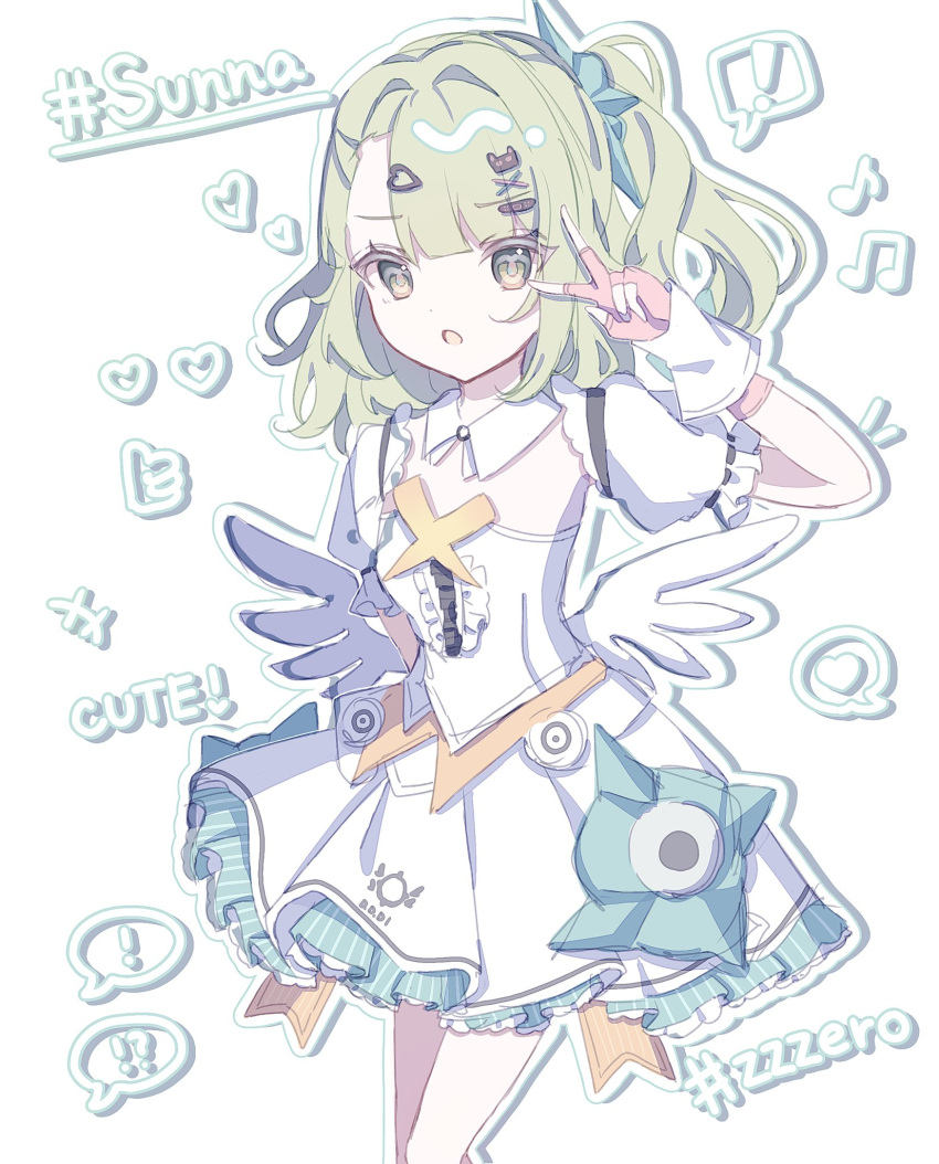 1girl, angels_of_delusion, aria_(zenless_zone_zero), aria_(zenless_zone_zero)_(cosplay), cosplay, cowboy_shot, dress, earrings, fingerless_gloves, gloves, green_eyes, green_hair, highres, jewelry, lvl_31, multiple_hair_clips, musical_note_earrings, solo, sunna_(zenless_zone_zero), v, v_over_eye, white_dress, white_wings, wings, zenless_zone_zero
