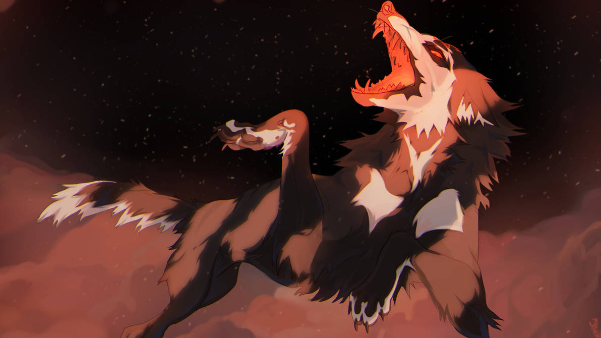 animal, animal_ears, animal_focus, animal_hands, blackscour, claws, dark, dark_background, dog_paws, fangs, fog, full_body, light_particles, multicolored_fur, no_humans, open_mouth, original, running, sharp_teeth, teeth, watermark, wolf