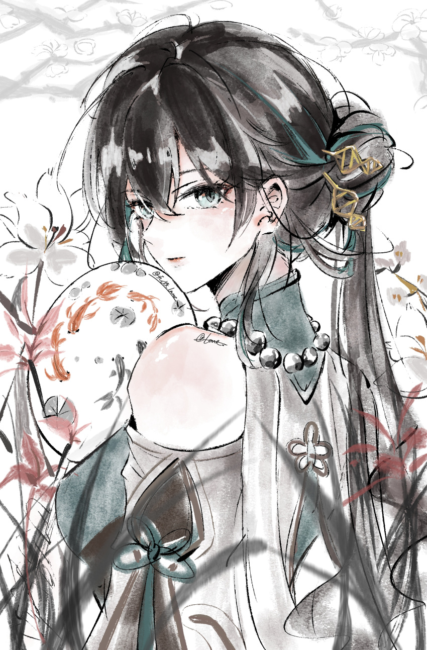1girl, absurdres, bare_shoulders, beads, black_hair, blue_eyes, chinese_clothes, closed_mouth