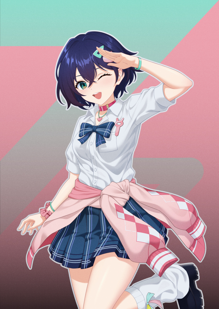1girl, absurdres, armband, belle_(zenless_zone_zero), black_shoes, blue_bow, blue_bowtie, blue_hair, blue_skirt, bow, bowtie, choker, clothes_around_waist, collared_shirt, crossed_bangs, hair_ornament, hairclip, heart, heart_necklace, highres, jacket, jacket_around_waist, jewelry, leg_up, leg_warmers, looking_at_viewer, necklace, one_eye_closed, open_mouth, pink_choker, pink_jacket, salute, sasaki3rd, shirt, shoes, simple_background, skirt, smile, solo, striped_clothes, striped_skirt, white_leg_warmers, zenless_zone_zero