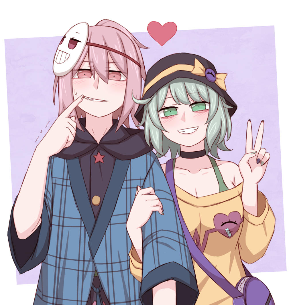 1boy, 1girl, alternate_costume, arm_up, bag, bandaid_print, black_choker, black_hat