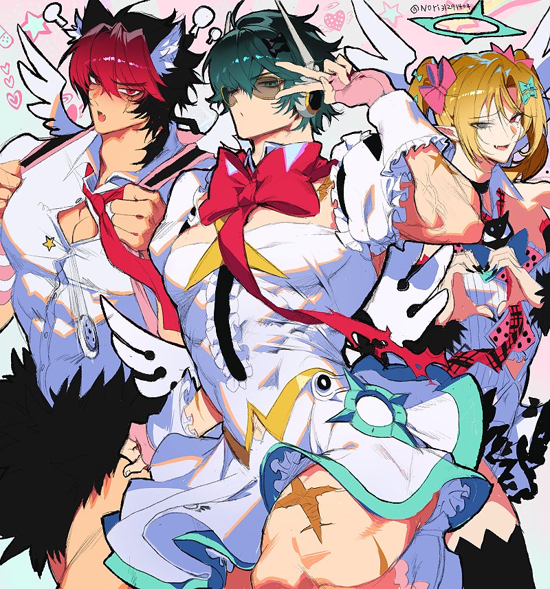 3boys, angels_of_delusion, animal_ears, aria_(zenless_zone_zero), aria_(zenless_zone_zero)_(cosplay), black_hair, black_nails, black_thighhighs