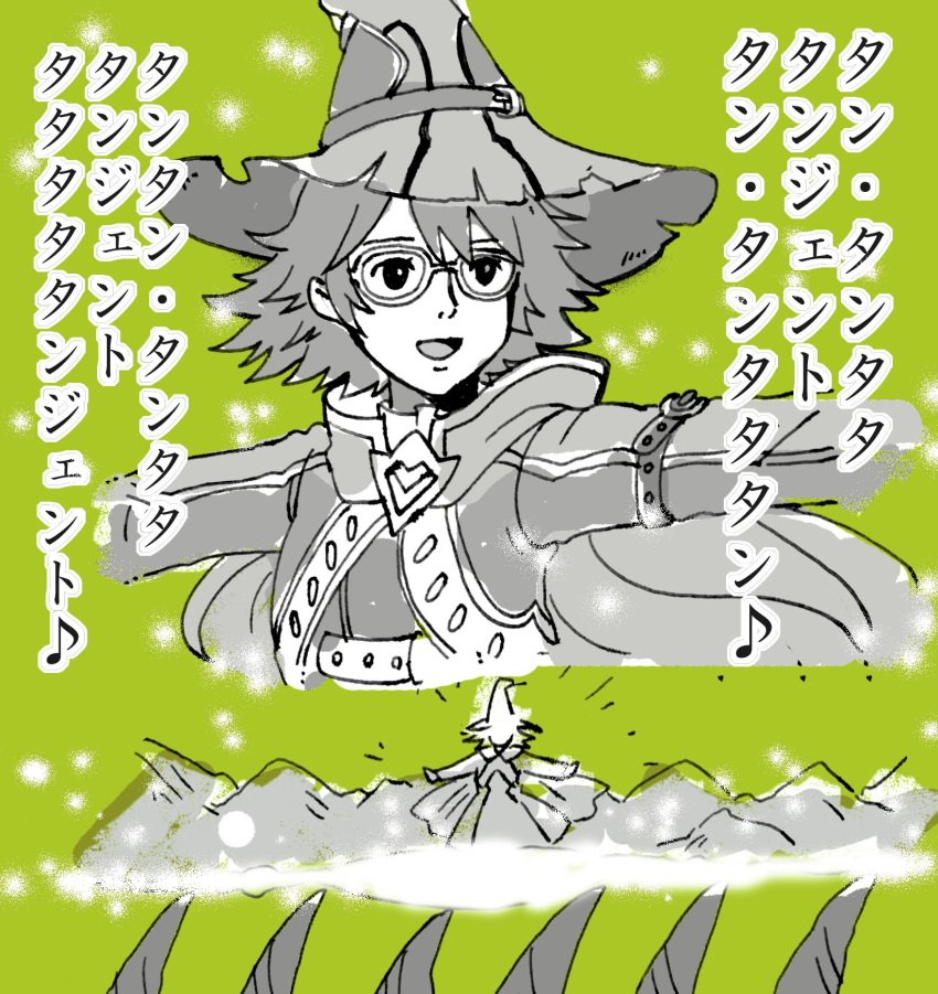 1boy, arm_belt, bad_id, bad_pixiv_id, glasses, green_background, grimms_notes, hair_between_eyes