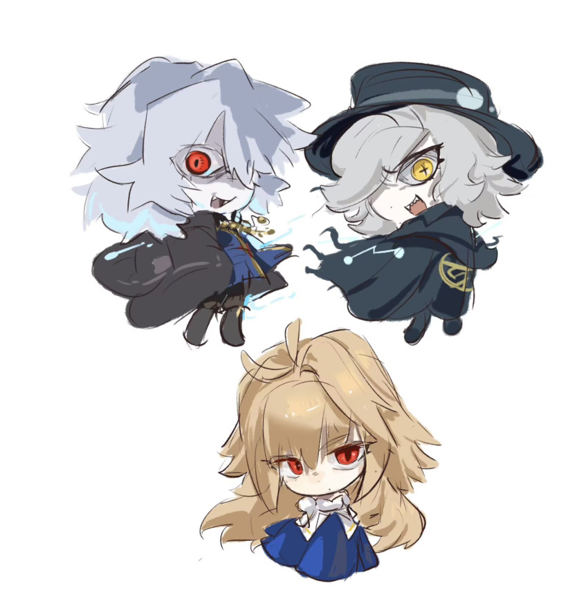 1girl, 2boys, ahoge, archetype_earth, arcueid_brunestud, bare_shoulders, blonde_hair, blue_coat