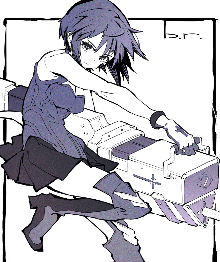 1girl, bare_shoulders, black_skirt, blue_eyes, blue_hair, blue_tank_top, boots, breasts