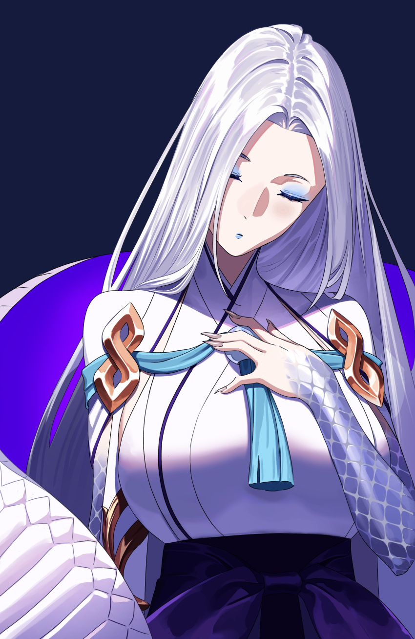 1girl, absurdres, black_background, blue_eyeshadow, blue_lips, blue_scales, closed_eyes, closed_mouth, curtained_hair, eyeshadow, facing_viewer, fate/grand_order, fate_(series), fingernails, fudayasa, hand_on_own_chest, hashtag-only_commentary, hebi_nyoubou_(fate), hebi_nyoubou_(third_ascension)_(fate), highres, lipstick, long_fingernails, long_hair, makeup, parted_hair, scales, simple_background, solo, tassel, upper_body, white_hair