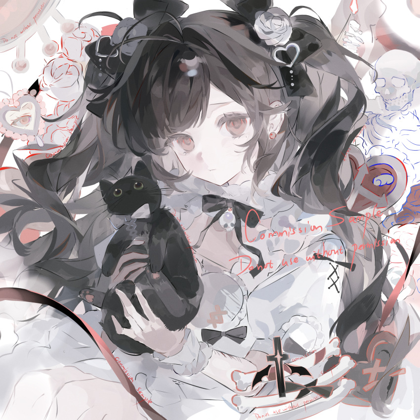 1girl, absurdres, animal, antenna_hair, black_cat, bone, bow, brown_bow, brown_hair, cat, choker, closed_mouth, commission, cross, dress, earrings, eyelashes, flower, frilled_choker, frills, hair_bow, hair_flower, hair_ornament, heart, heart_hair_ornament, highres, holding, holding_animal, holding_cat, jewelry, liangzhi_mian_gou, long_hair, looking_at_viewer, mihuashi_commission, mole, mole_under_eye, original, pale_skin, puffy_short_sleeves, puffy_sleeves, red_eyes, red_ribbon, ribbon, rose, sample_watermark, scar, self-harm_scar, short_sleeves, skeleton, solo, square, swept_bangs, twintails, watermark, white_choker, white_dress, white_flower, white_rose, white_wrist_cuffs, wrist_cuffs