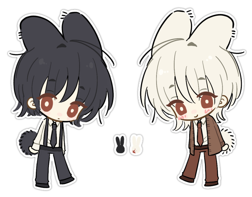 2boys, aged_down, animal_ears, black_hair, black_necktie, black_pants, blush, brown_cardigan, brown_necktie, brown_pants, cardigan, chibi, collared_shirt, dress_shirt, dual_persona, looking_at_viewer, male_focus, multiple_boys, necktie, neen6, outline, pants, rabbit_boy, rabbit_ears, rabbit_tail, red_eyes, saihate_eki, shirt, smile, suspenders, tail, tatsunami_shion, white_hair, white_shirt