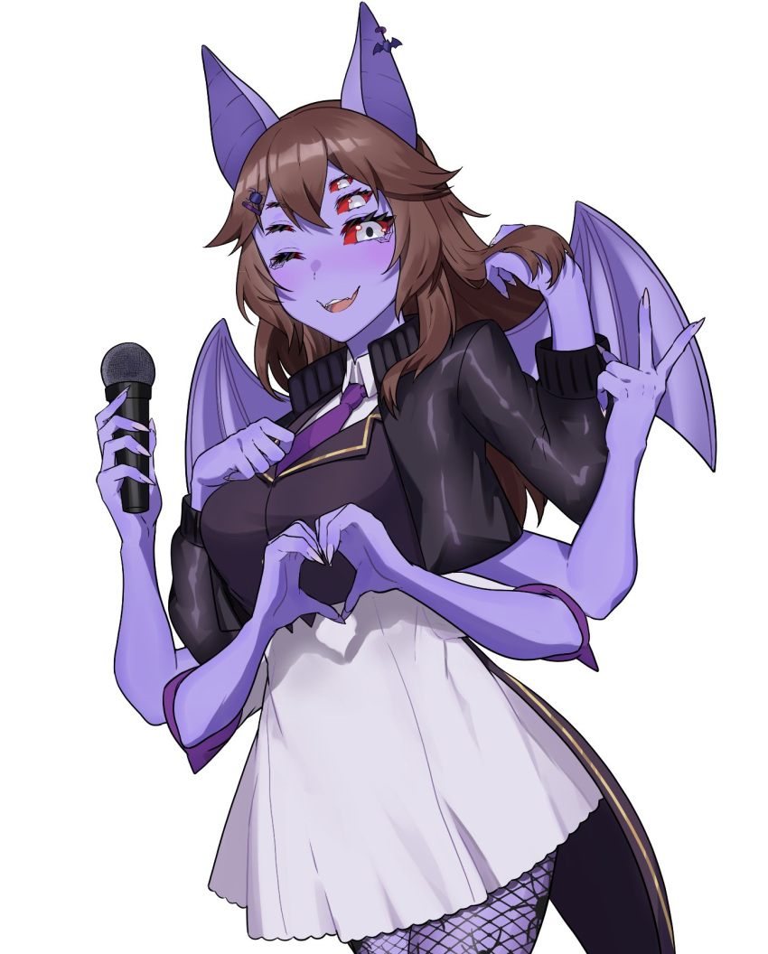 1girl, ;), animal_ears, arthropod_girl, bat_ears, brown_hair, colored_sclera, colored_skin