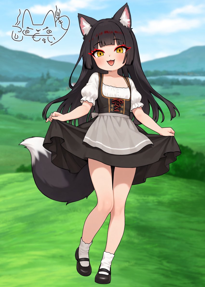 1boy, :d, absurdres, animal_ears, apron, black_dress, black_hair, black_shoes, blue_sky, blurry, clouds, cloudy_sky, commentary_request, depth_of_field, dirndl, dress, fang, fox_boy, fox_ears, fox_tail, full_body, german_clothes, grass, grey_apron, highres, hill, indie_virtual_youtuber, itsuki_tsukumo_(artist), itsuki_tsukumo_(vtuber), long_hair, looking_at_viewer, mary_janes, open_mouth, outdoors, puffy_short_sleeves, puffy_sleeves, shirt, shoes, short_sleeves, skirt_hold, sky, smile, socks, tail, trap, virtual_youtuber, white_shirt, white_socks, yellow_eyes