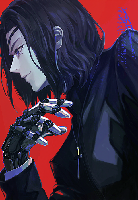 1boy, arm_up, black_hair, black_jacket, closed_mouth, commentary_request, cross, cross_necklace