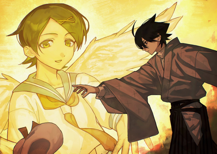 1boy, 1girl, aka_(pixiv111240176), angel_wings, black_hair, commentary_request, fuura_kafuka, grey_kimono