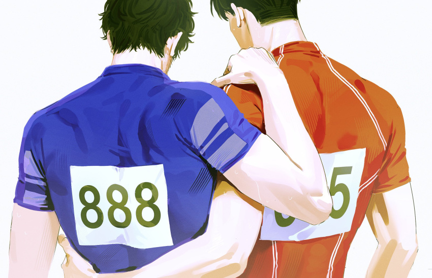 2boys, black_hair, dorayakiiii, from_behind, hand_on_another's_shoulder, highres, hug_from_side, hyakuemu
